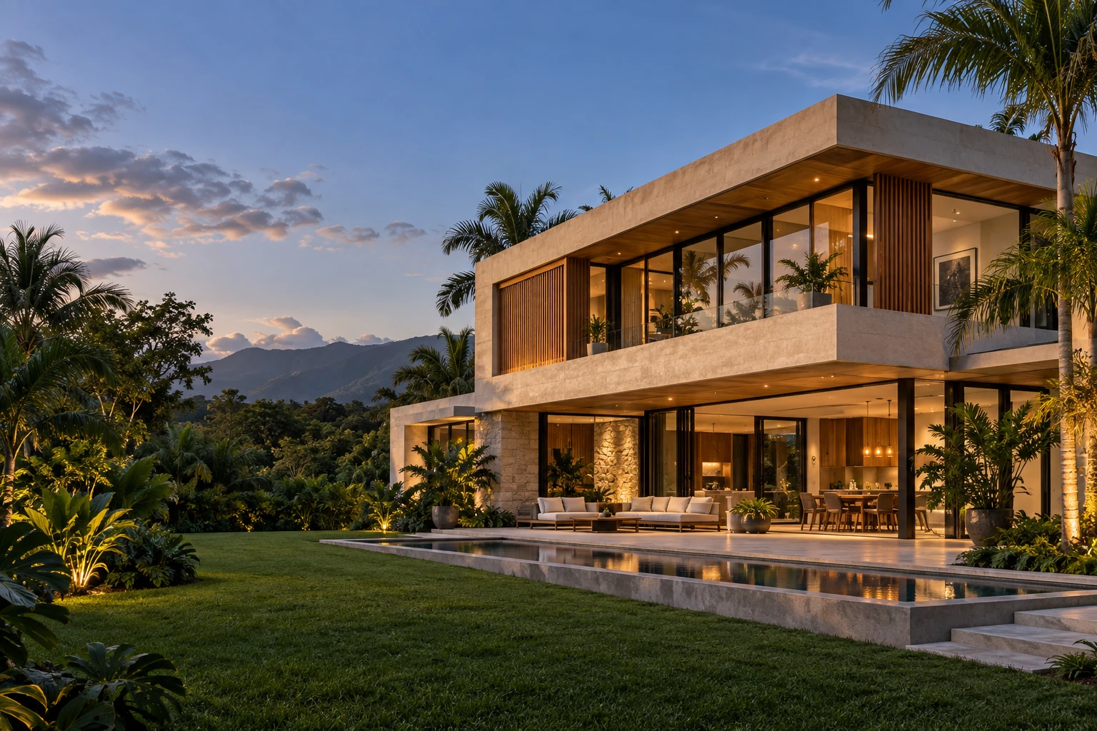 Visualización arquitectónica de una vivienda contemporánea con jardín tropical